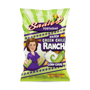 10 Oz Bag of Sadie’s Green Chile Ranch Tostada Corn Chips, Locally Made in New Mexico for Dipping Into Sadie’s Salsa, Featuring a Sturdy Texture and Extra Crunch.