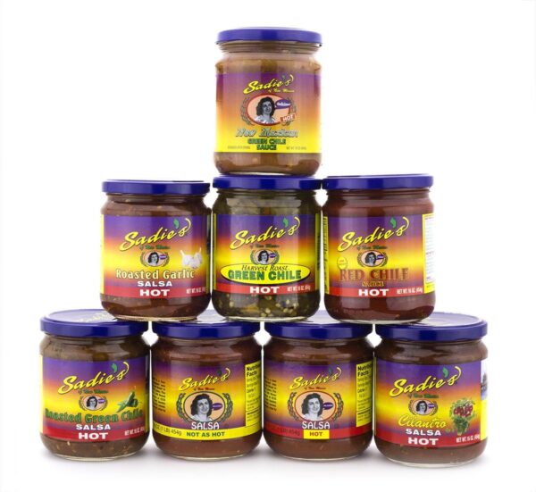 Sadie's Build Your Own 6-Pack featuring a customizable salsa and sauce variety pack with options like Hot Salsa, Green Chile Sauce, and Red Chile Sauce for cookouts or gifting.