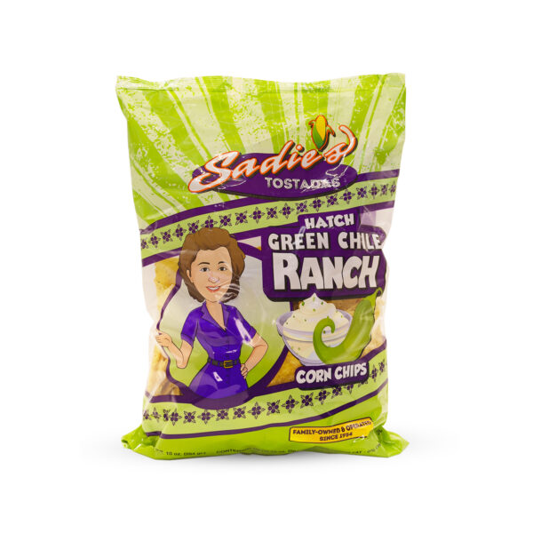 10 Oz Bag of Sadie’s Green Chile Ranch Tostada Corn Chips, Locally Made in New Mexico for Dipping Into Sadie’s Salsa, Featuring a Sturdy Texture and Extra Crunch.